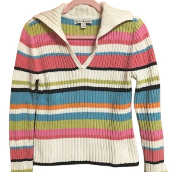 Tommy Hilfiger Sweaters - Tommy Hilfiger Women's Y2K Vintage V-Neck Striped Ribbed Knit Sweater Size Med